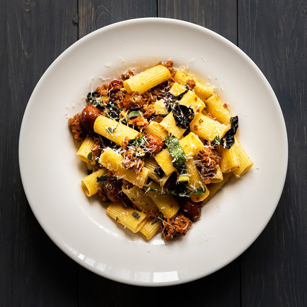 A plate of pasta, with room for its name and description